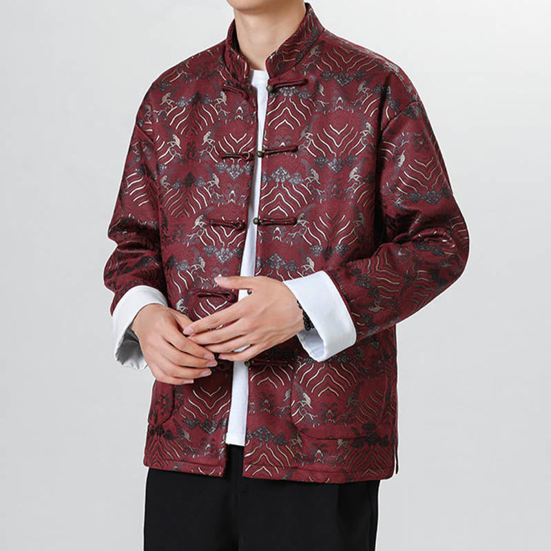 Buddha Stones Frog-Button Chinese Tang Suit Wave Shape Long Shirt Men Jacket Clothing - image 8