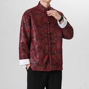 Foviel Frog-Button Chinese Tang Suit Wave Shape Long Shirt Men Jacket Clothing