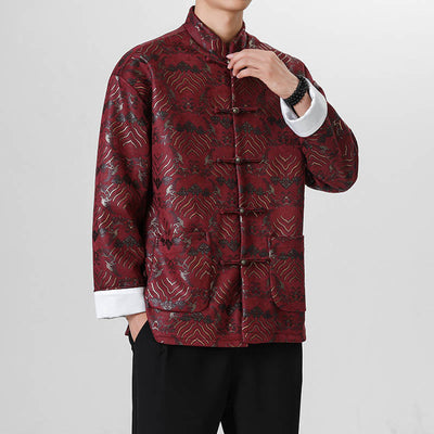 Buddha Stones Frog-Button Chinese Tang Suit Wave Shape Long Shirt Men Jacket Clothing - DarkRed - US/UK/AU46，EU56 (5XL) - image 6
