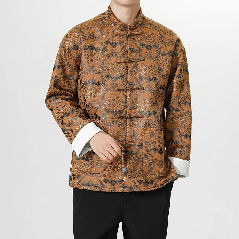 Buddha Stones Frog-Button Chinese Tang Suit Wave Shape Long Shirt Men Jacket Clothing - image 22