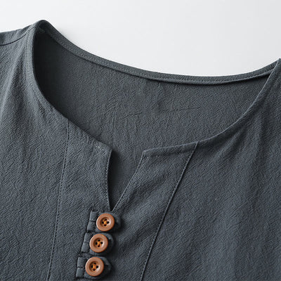 Foviel Men's T-Shirt Solid Color Top Short Sleeve Three-button V Collar Soft Shirt