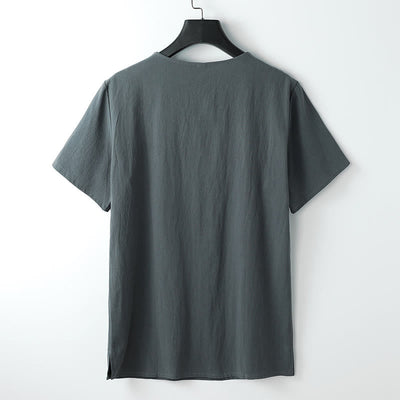 Foviel Men's T-Shirt Solid Color Top Short Sleeve Three-button V Collar Soft Shirt
