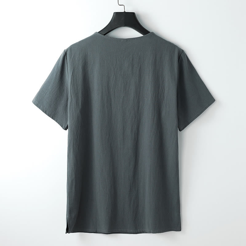Foviel Men's T-Shirt Solid Color Top Short Sleeve Three-button V Collar Soft Shirt