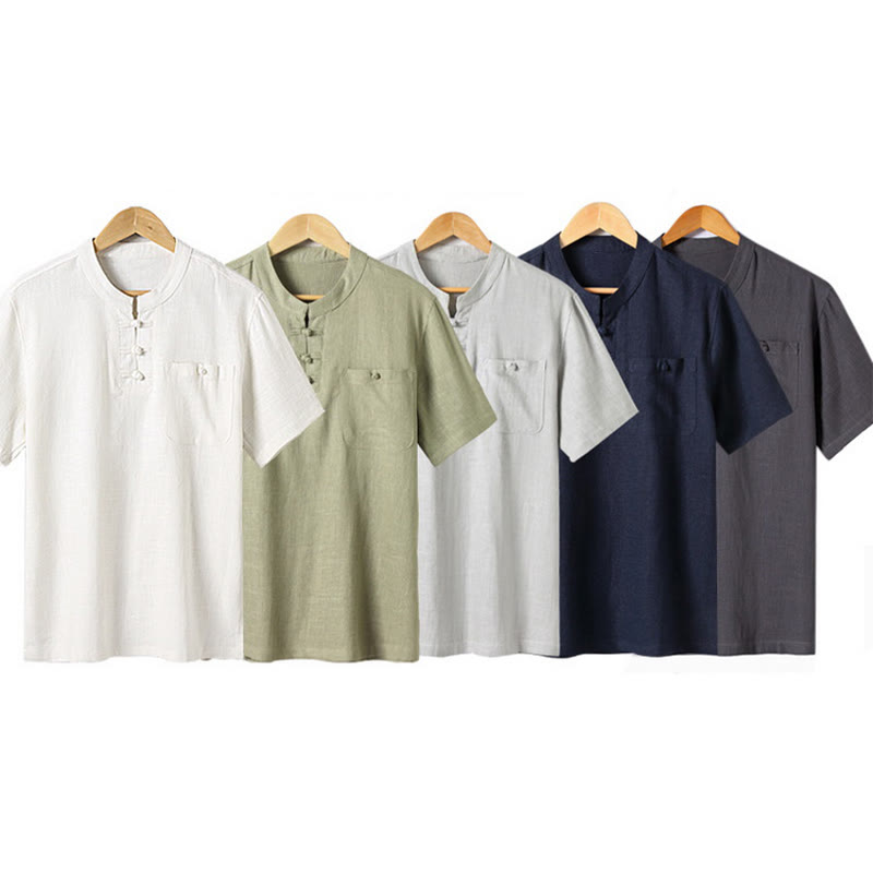 Buddha Stones Loose Men's Shirt Solid Color Notched Neck Top Short Sleeve Comfy Button Breathable Cotton Linen Shirt - image 16