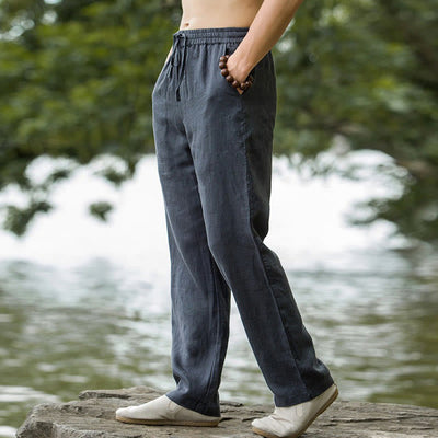 Foviel Solid Color Cotton Linen Men's Wide Leg Pants With Pockets