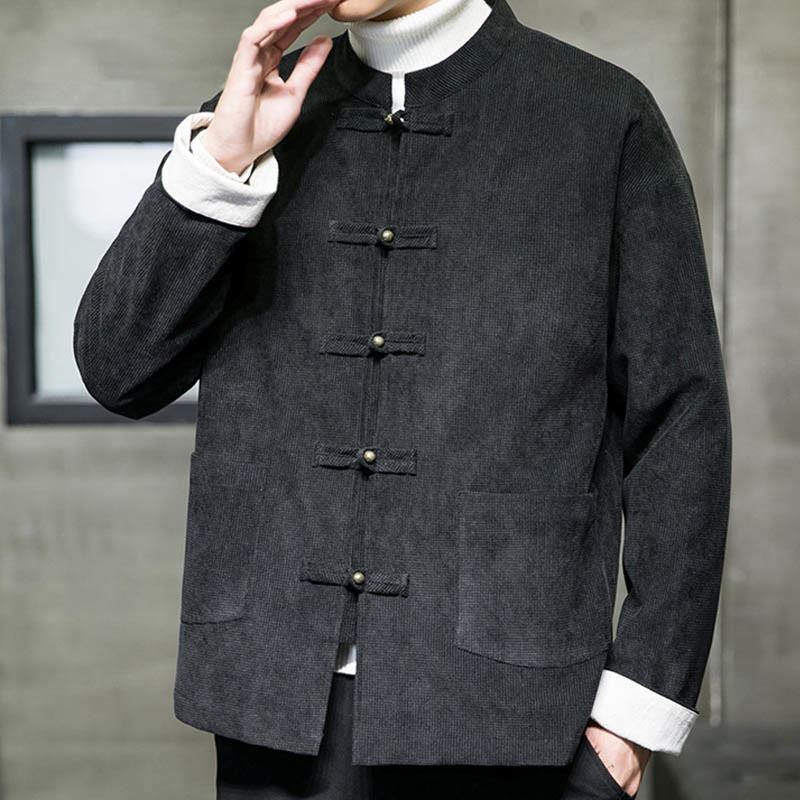Buddha Stones Solid Color Frog-button Men's Jacket Shirt Clothing - image 3
