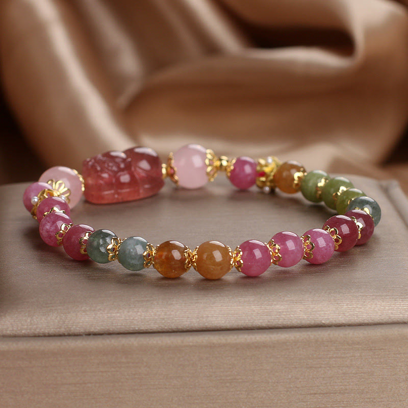 Buddha Stones Tourmaline Strawberry Quartz Pink Crystal PIXIU Love Bracelet Bracelet BS 16