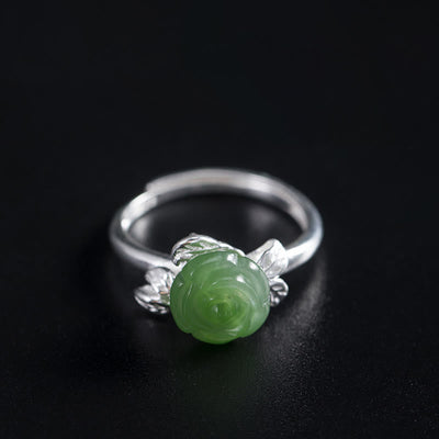 Buddha Stones 925 Sterling Silver Jade Green Rose Luck Adjustable Ring Ring BS 10