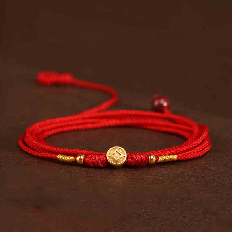 Buddha Stone 999 Solid Gold Red String Belly Chain - Coin Luck Beads Shape - image 17