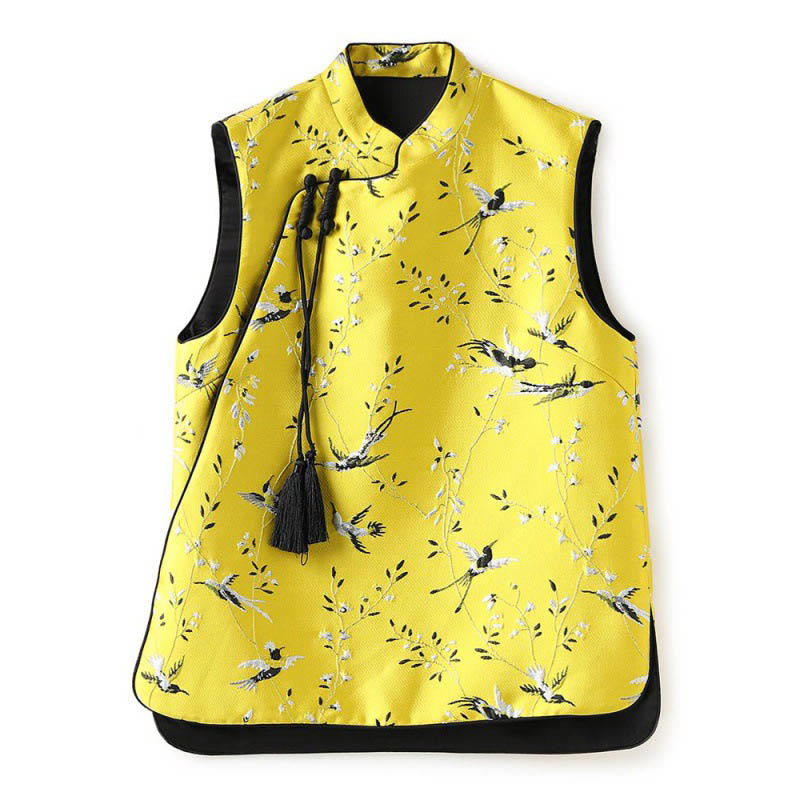 Buddha Stones Vintage Embroidery Crane Plants Pattern Knot Button Vest - image 10