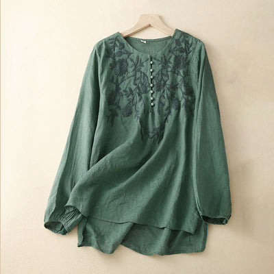 Buddha Stones Casual Embroidery Flower Round Neck Long Sleeve Cotton Linen Top Women's Shirts - Teal - US/UK/AU40，EU50 (2XL) - image 24