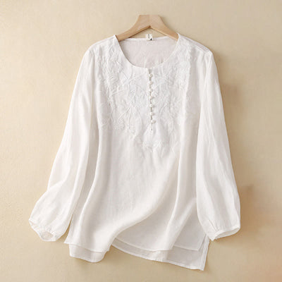 Buddha Stones Casual Embroidery Flower Round Neck Long Sleeve Cotton Linen Top Women's Shirts - White - US/UK/AU40，EU50 (2XL) - image 18