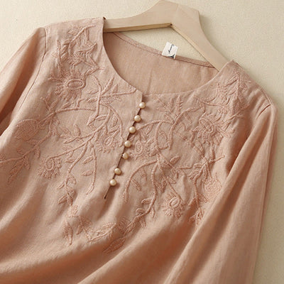 Buddha Stones Casual Embroidery Flower Round Neck Long Sleeve Cotton Linen Top Women's Shirts - image 2
