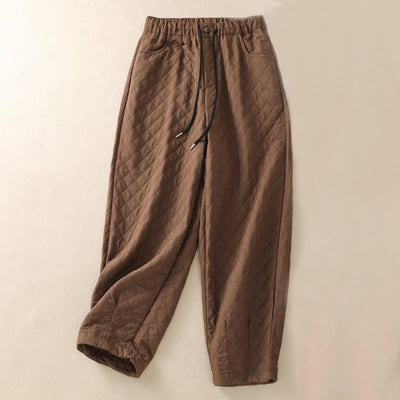 Buddha Stones Fall Winter Simple Plaid Cotton Drawstring Harem Pants With Pockets - SaddleBrown - US14，UK/AU18，EU46 (4XL) - image 0