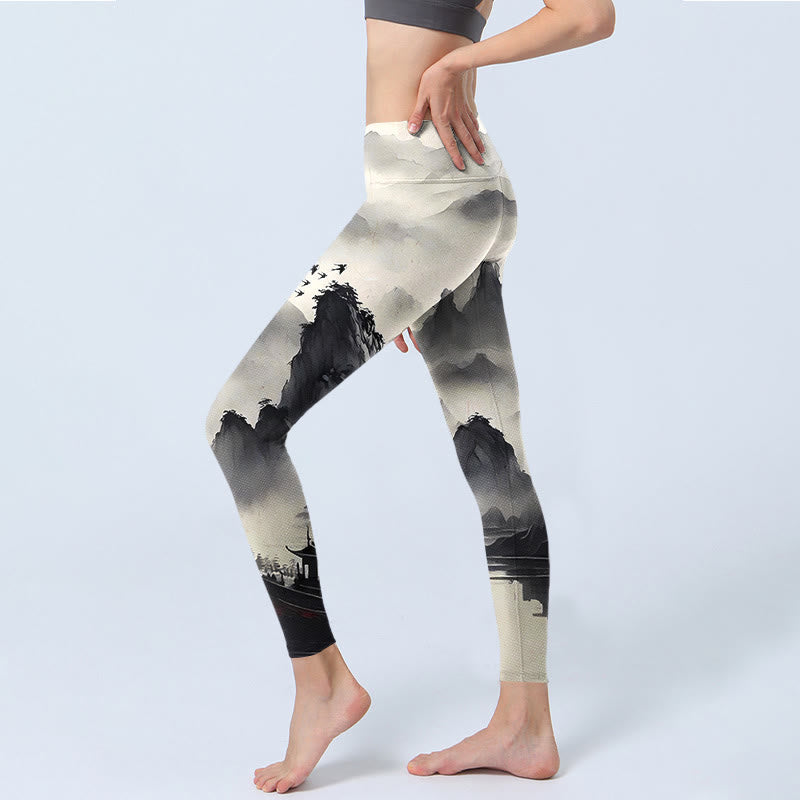 Buddha Stones Splash-ink Landscape Painting Print Fitness Leggings Women's Yoga Pants - image 3