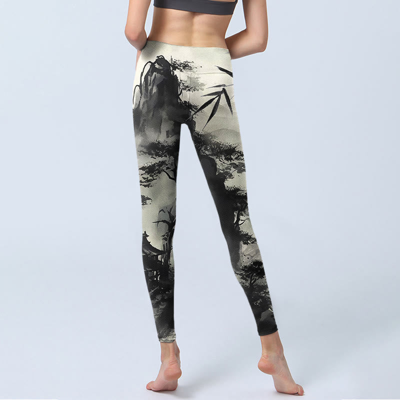 Buddha Stones Ink Bamboo Pine Mountains Print Gym Leggings Women's Yoga Pants - image 7