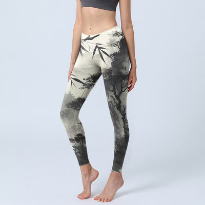 Buddha Stones Ink Bamboo Pine Mountains Print Gym Leggings Women's Yoga Pants - LightGrey - US18，UK/AU22，EU50 (4XL) - image 1