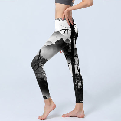 Buddha Stones Ink Painting Bamboo Pine Mountain Scenery Print Gym Leggings Women's Yoga Pants - image 3