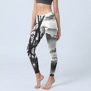 Foviel Tintengemälde Bambus Pine Mountain Scenery Drucken Gym Leggings Damen Yoga Hose