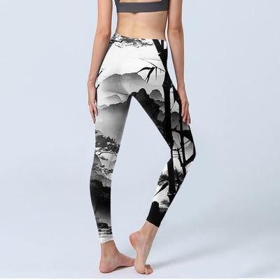 Buddha Stones Ink Painting Bamboo Pine Mountain Scenery Print Gym Leggings Women's Yoga Pants - image 5