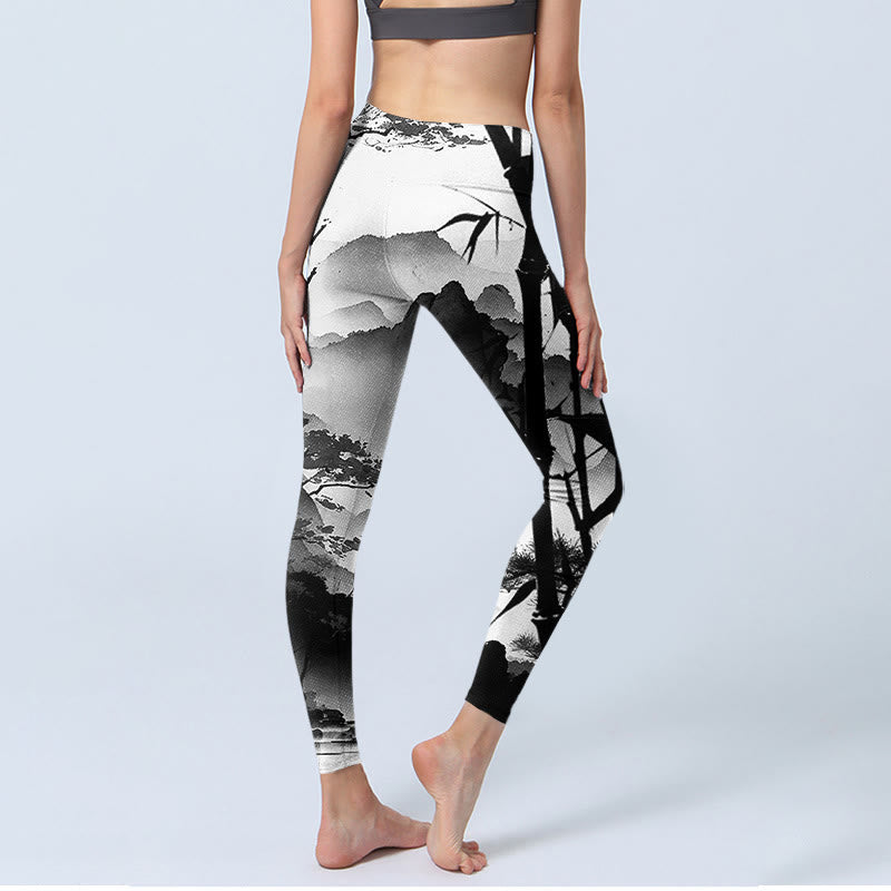 Buddha Stones Ink Painting Bamboo Pine Mountain Scenery Print Gym Leggings Women's Yoga Pants - image 5