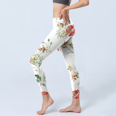 Buddha Stones White Daisy Red Flower Print Sports Leggings Women's Yoga Pants - image 3
