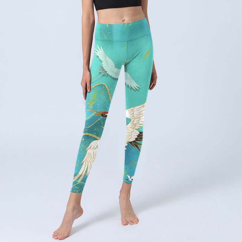 Buddha Stones Mint Green Mountain Crane Print Fitness Leggings Women's Yoga Pants - image 7