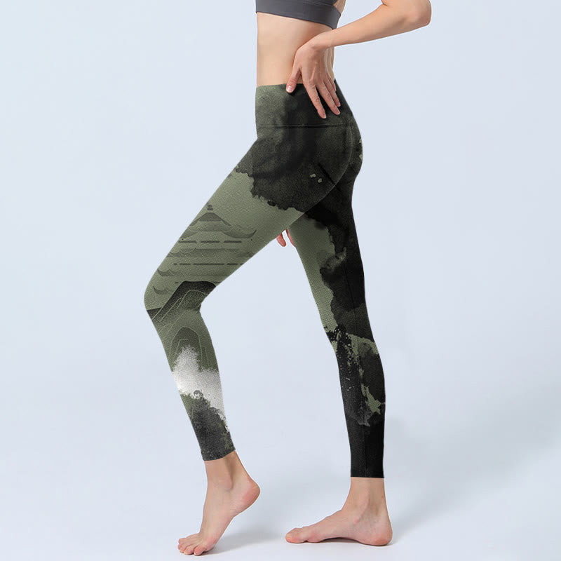 Buddha Stones Ink Painting Mountain Pavilion Print Fitness Leggings Women's Yoga Pants - image 4