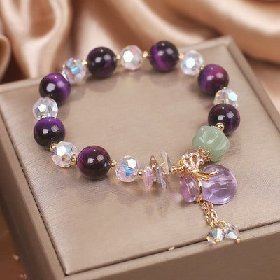Bracelet de courage Foviel en œil de tigre violet, cristal blanc, améthyste et jade