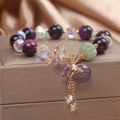 Bracelet de courage Foviel en œil de tigre violet, cristal blanc, améthyste et jade
