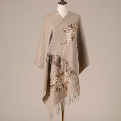 Buddha Stones Wool Shawl Begonia Embroidery Tassel Winter Cozy Travel Scarf Wrap - Tan - 200*60cm - image 0