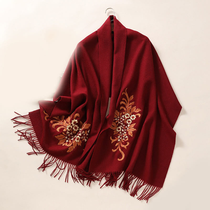 Buddha Stones Wool Shawl Begonia Embroidery Tassel Winter Cozy Travel Scarf Wrap - DarkRed - 200*60cm - image 11