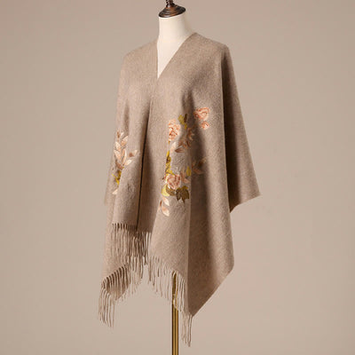 Buddha Stones Wool Shawl Weiyang Flower Embroidery Tassel Winter Cozy Travel Scarf Wrap - Tan - 200*60cm - image 0