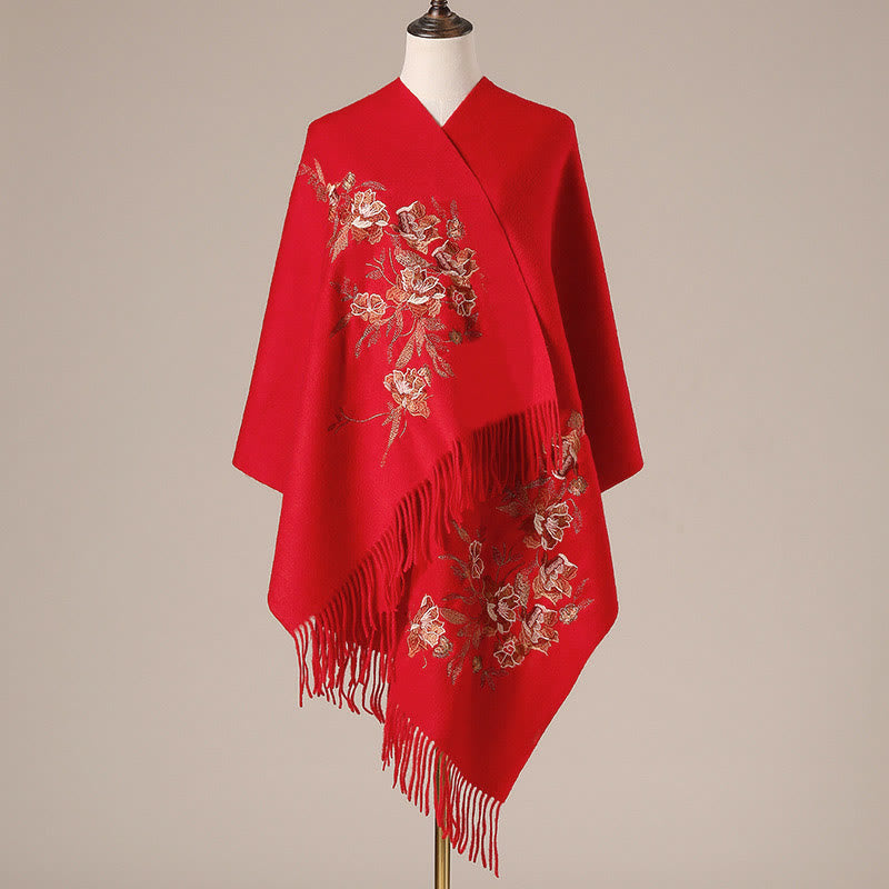 Buddha Stones Wool Shawl Flowers Leaves Embroidery Tassel Winter Cozy Travel Scarf Wrap - Red - 200*60cm - image 0