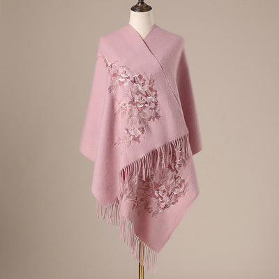 Buddha Stones Wool Shawl Flowers Leaves Embroidery Tassel Winter Cozy Travel Scarf Wrap - LightPink - 200*60cm - image 8