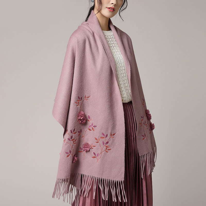 Buddha Stones Wool Shawl 3D Floral Embroidery Tassel Winter Cozy Travel Scarf Wrap - image 8