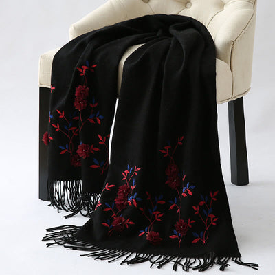 Buddha Stones Wool Shawl 3D Floral Embroidery Tassel Winter Cozy Travel Scarf Wrap - image 4