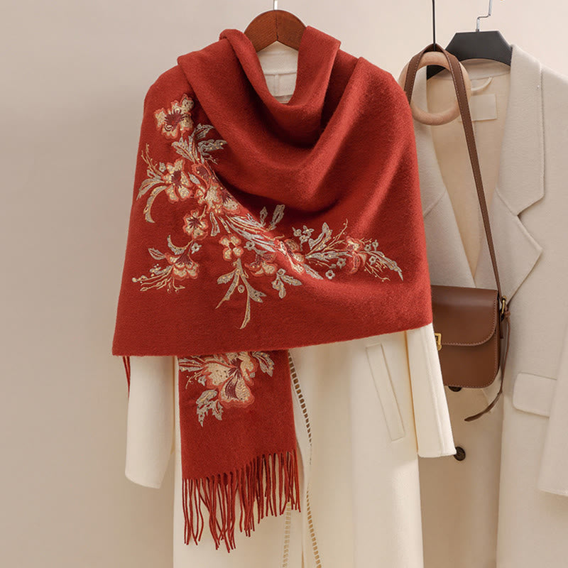 Buddha Stones Wool Shawl Red Flower Gold Sequins Embroidery Tassel Winter Cozy Travel Scarf Wrap - FireBrick - 200*60cm - image 0