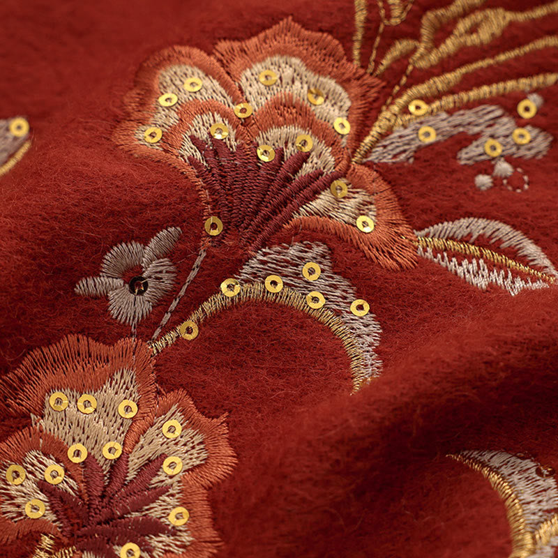 Buddha Stones Wool Shawl Red Flower Gold Sequins Embroidery Tassel Winter Cozy Travel Scarf Wrap - image 4