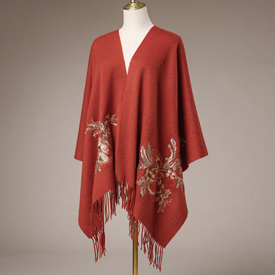 Buddha Stones Wool Shawl Red Flower Gold Sequins Embroidery Tassel Winter Cozy Travel Scarf Wrap - image 1