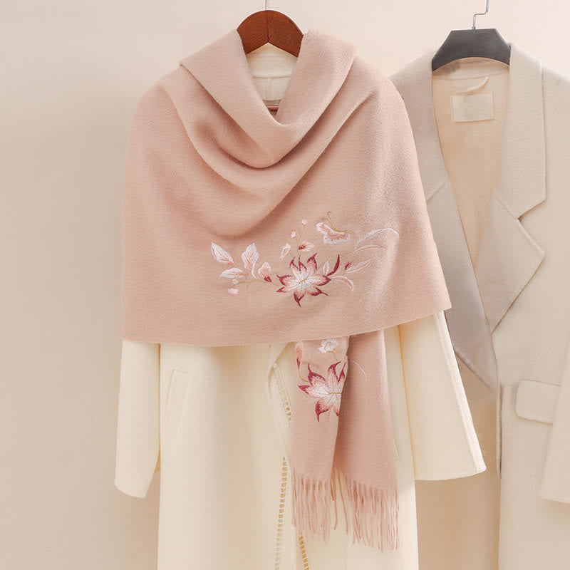 Buddha Stones Wool Shawl Pink White Flower Embroidery Tassel Winter Cozy Travel Scarf Wrap - image 0