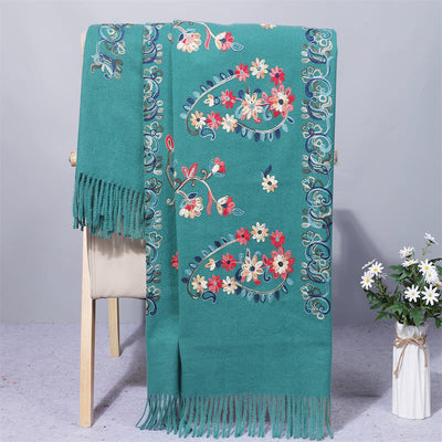 Buddha Stones Polyester Shawl Colorful Flower Ethnic Style Embroidery Tassel Winter Cozy Travel Scarf Wrap - DarkCyan - 200*70cm - image 9