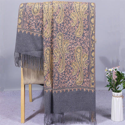 Buddha Stones Rayon Fabric Shawl Golden Cashew Flowers Embroidery Tassel Winter Cozy Travel Scarf Wrap - DarkGray - 200*70cm - image 7