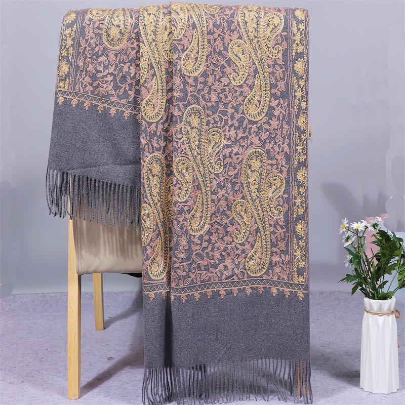 Buddha Stones Rayon Fabric Shawl Golden Cashew Flowers Embroidery Tassel Winter Cozy Travel Scarf Wrap - DarkGray - 200*70cm - image 7