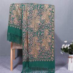 Buddha Stones Rayon Fabric Shawl Golden Cashew Flowers Embroidery Tassel Winter Cozy Travel Scarf Wrap - Teal - 200*70cm - image 0