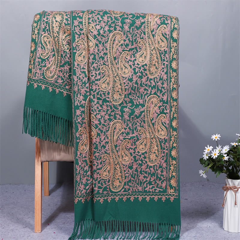 Buddha Stones Rayon Fabric Shawl Golden Cashew Flowers Embroidery Tassel Winter Cozy Travel Scarf Wrap - Teal - 200*70cm - image 0