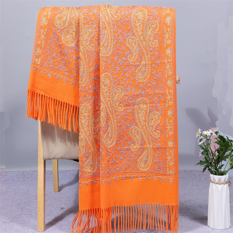 Buddha Stones Rayon Fabric Shawl Golden Cashew Flowers Embroidery Tassel Winter Cozy Travel Scarf Wrap - Orange - 200*70cm - image 9