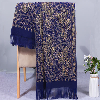 Buddha Stones Rayon Fabric Shawl Golden Cashew Flowers Embroidery Tassel Winter Cozy Travel Scarf Wrap - Navy - 200*70cm - image 5