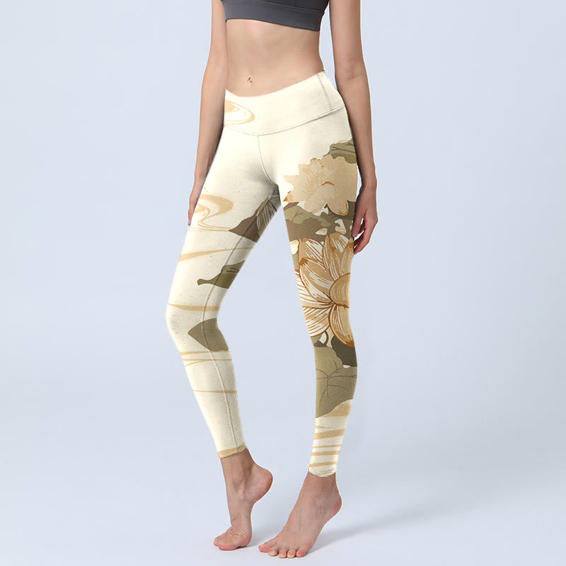 Buddha Stones Beige Lotus Flower Print Gym Fitness Leggings Women's Yoga Pants - Beige - US18，UK/AU22，EU50 (4XL) - image 1