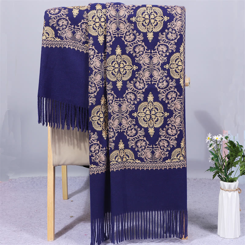 Buddha Stones Polyester Shawl Symmetry Gold Filigree Embroidery Tassel Winter Cozy Travel Scarf Wrap - MidnightBlue - 200*70cm - image 4